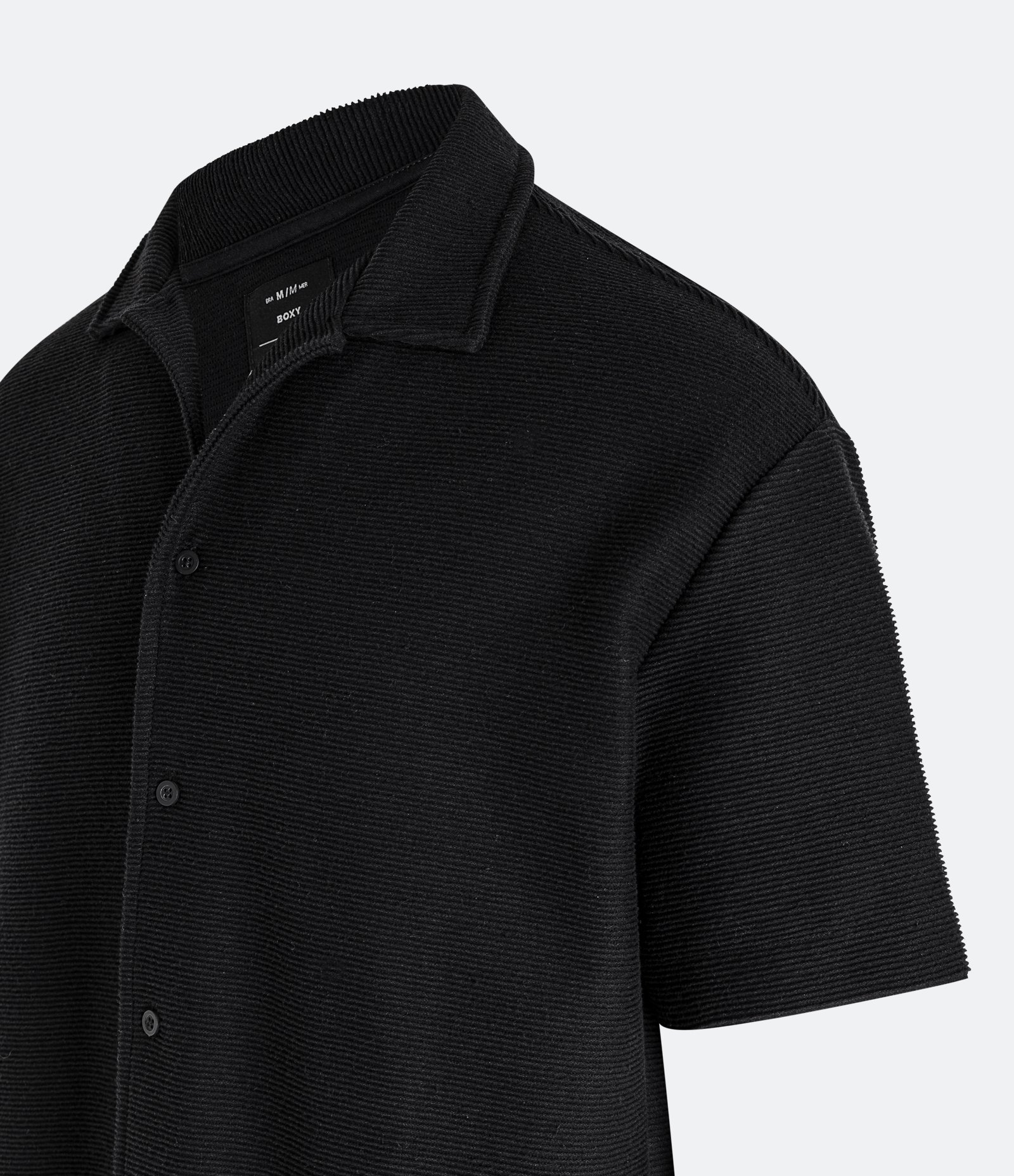 Camisa Boxy em Meia Malha com Textura e Gola Colarinho Preto 6