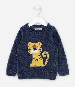 Suéter Infantil em Chenille com Bordado Tigre - Tam 1 a 5 anos