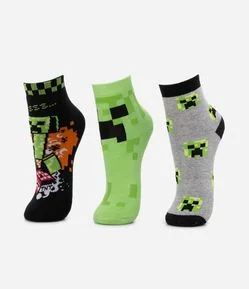 Kit 03 Meias Infantis Atoalhadas com Estampa do Minecraft - Tam 19 a 38
