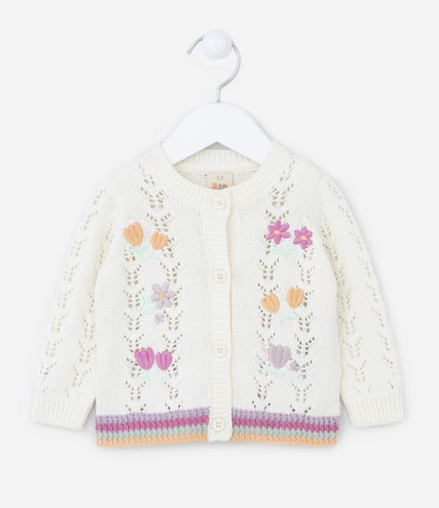 Cardigan Infantil com Bordado Tulipas - Tam 0 a 18 meses