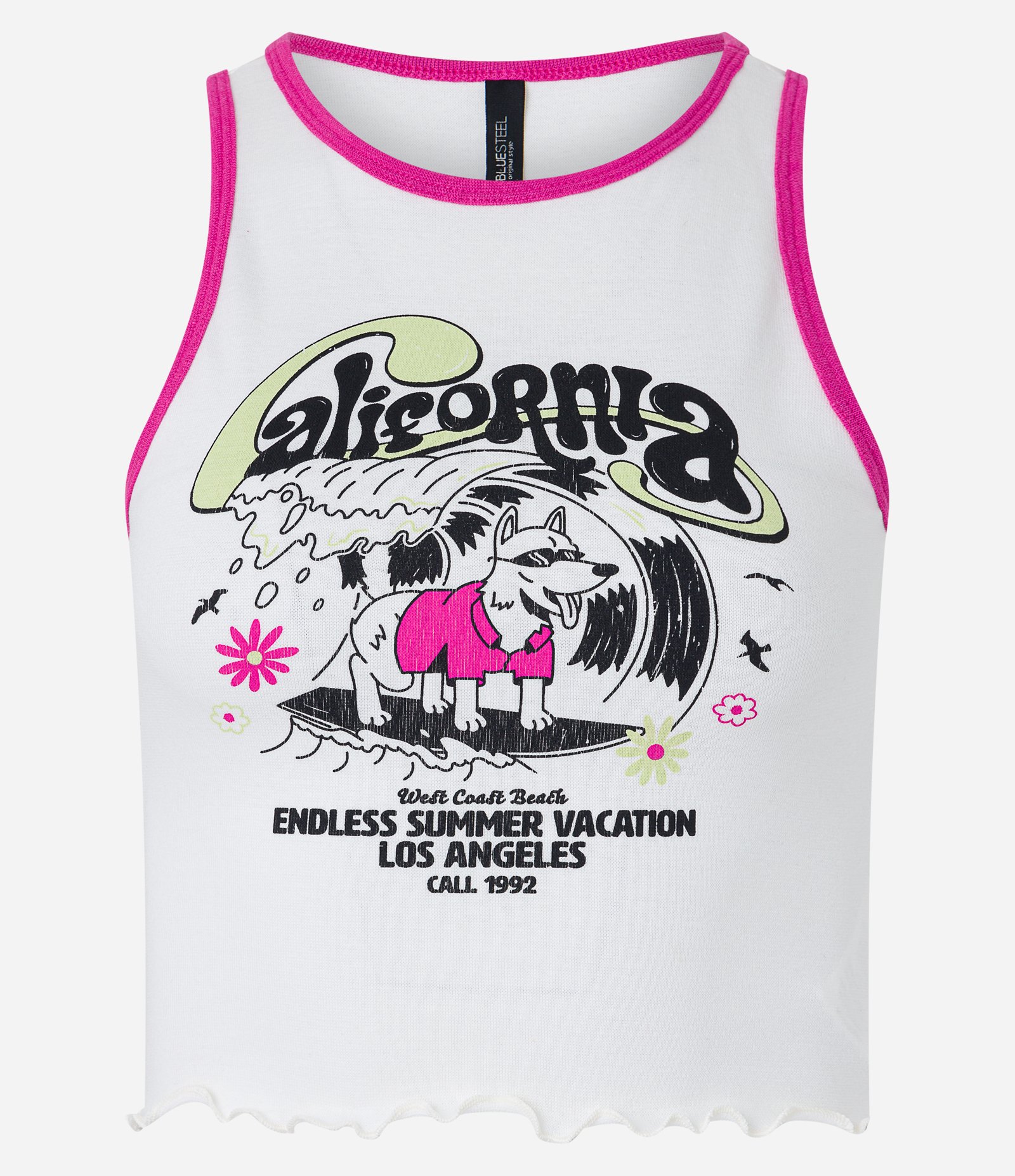 Blusa Regata em Ribana com Estampa Califórnia e Dog Surfista Branco 1