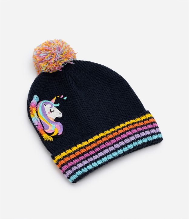 Gorro Infantil em Tricô com Bordado de Unicórnio e Pompom - Tam U