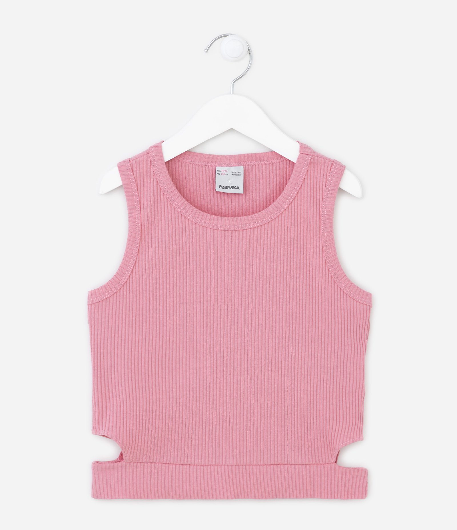 Regata Cropped Infantil Canelada com Recortes Laterais - Tam 5 a 14 anos Rosa 1