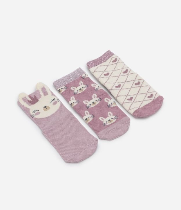 Kit 03 Meias Infantis em Algodão com Estampa de Coelha - Tam 0 a 12 meses