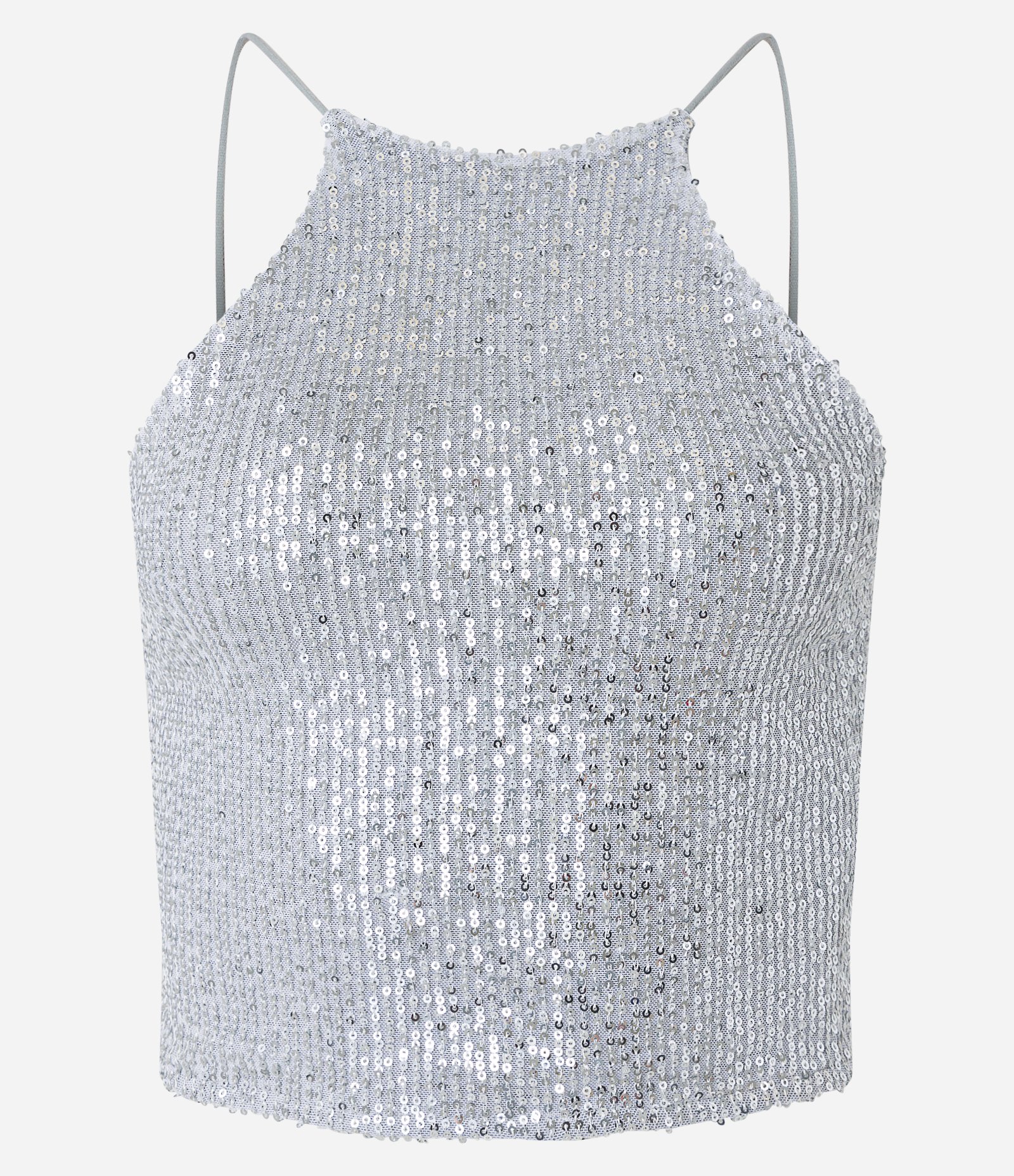 Blusa Cropped de Alça em Paetê Metalizado e Decote Halter Prata 5