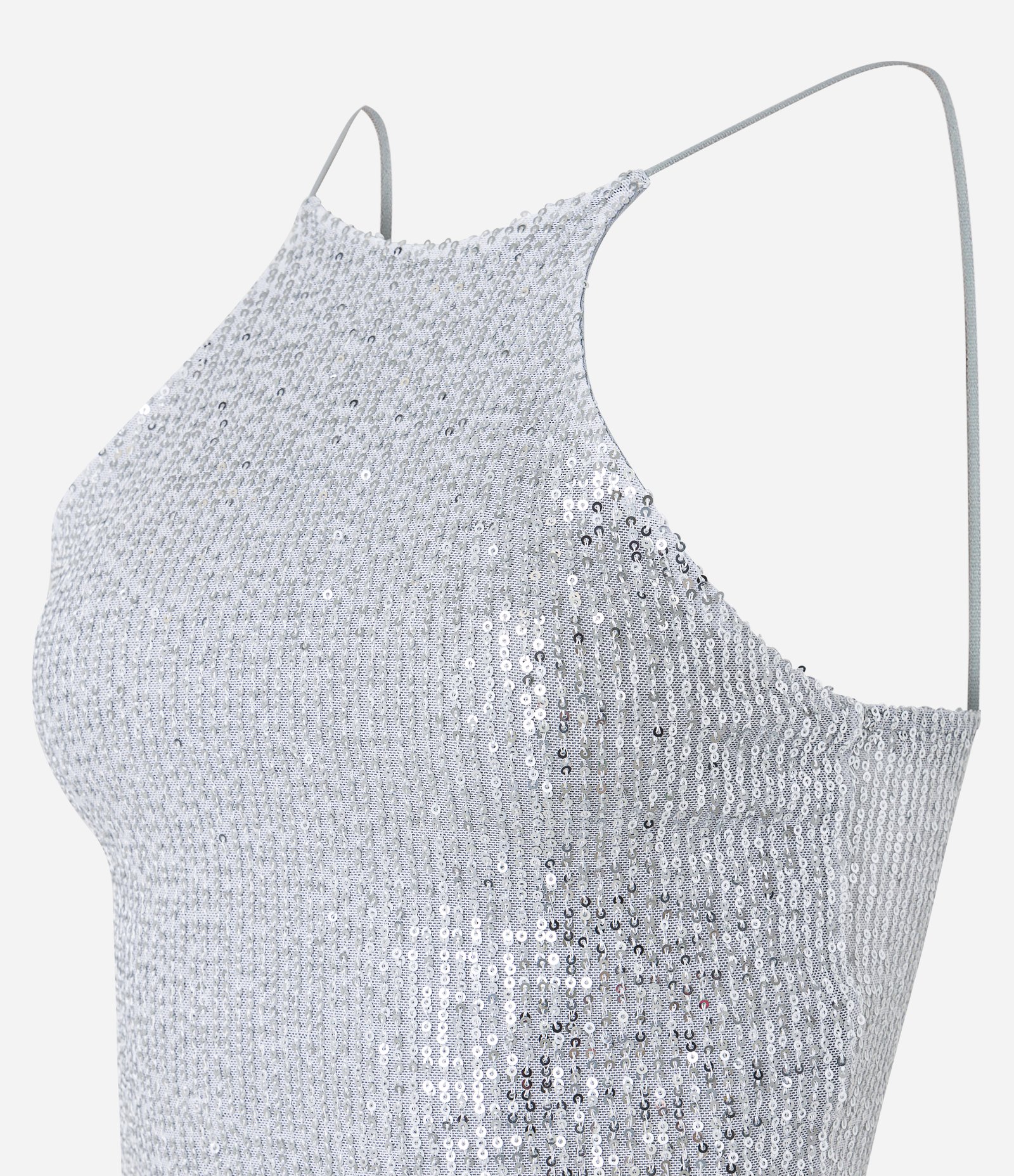 Blusa Cropped de Alça em Paetê Metalizado e Decote Halter Prata 6