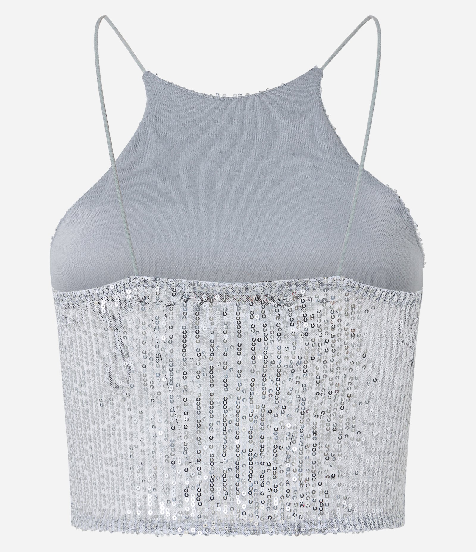 Blusa Cropped de Alça em Paetê Metalizado e Decote Halter Prata 7