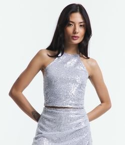 Blusa Cropped de Alça em Paetê Metalizado e Decote Halter