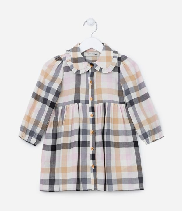 Vestido Infantil em Tricoline Estampa Xadrez com Abotoamento - Tam 1 a 5 anos