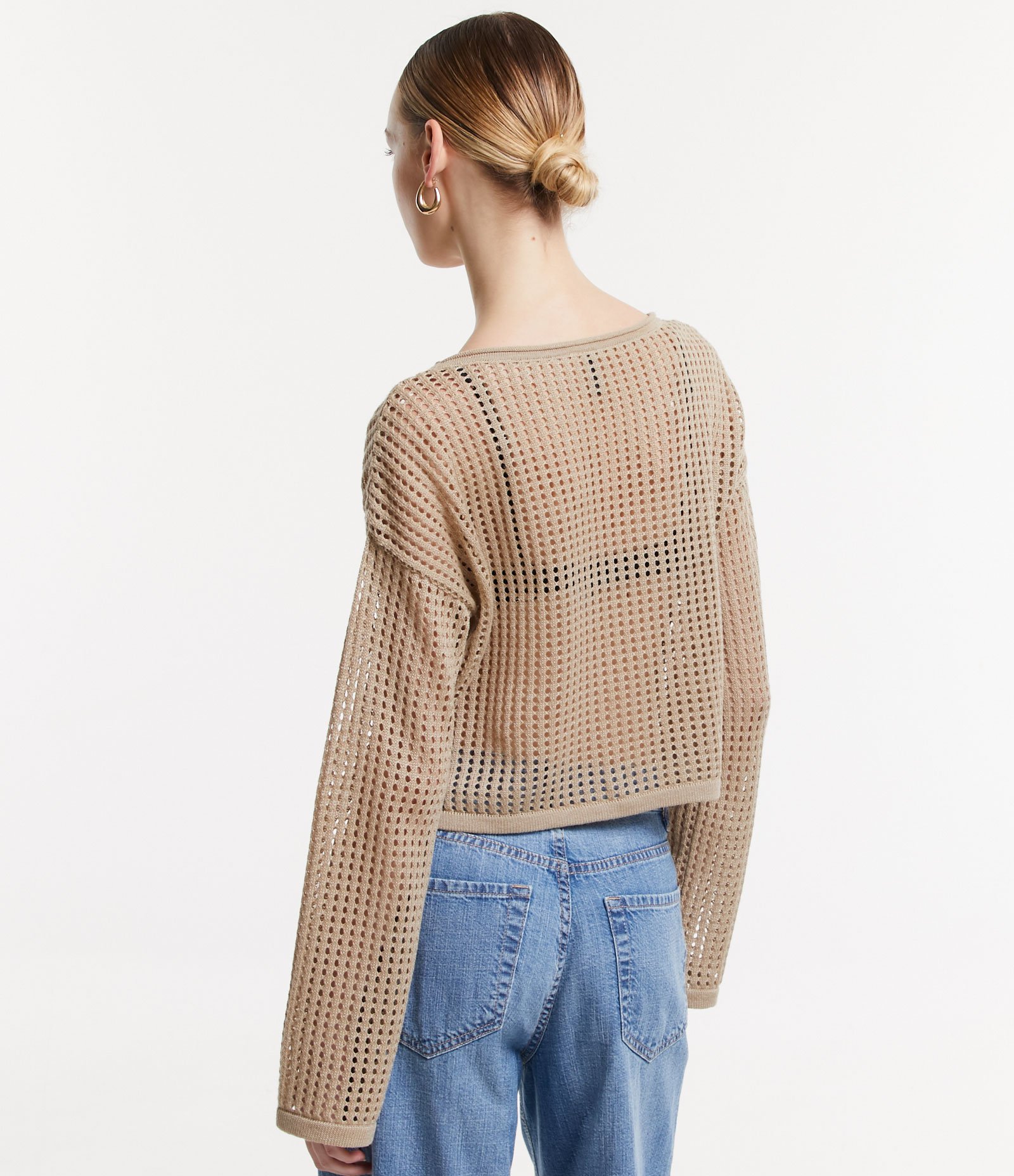 Blusa em Tricô com Ponto Aberto e Coração Frontal Bege 3