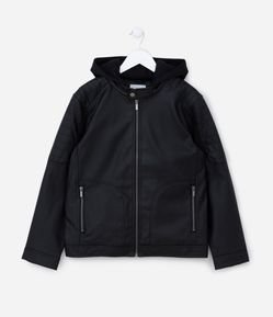 Jaqueta Infantil PU com Capuz e Detalhes nos Ombros - Tam 5 a 14 anos