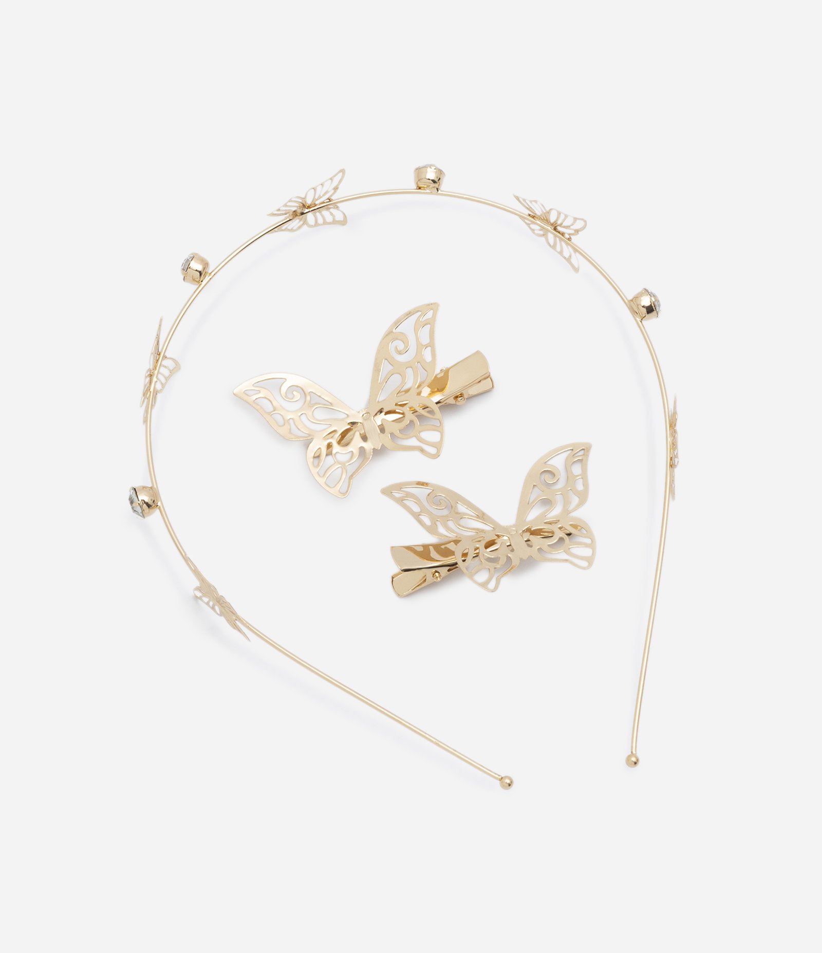 Kit com Tiara e Presilhas em Metal com Formato de Borboletas Dourado 1