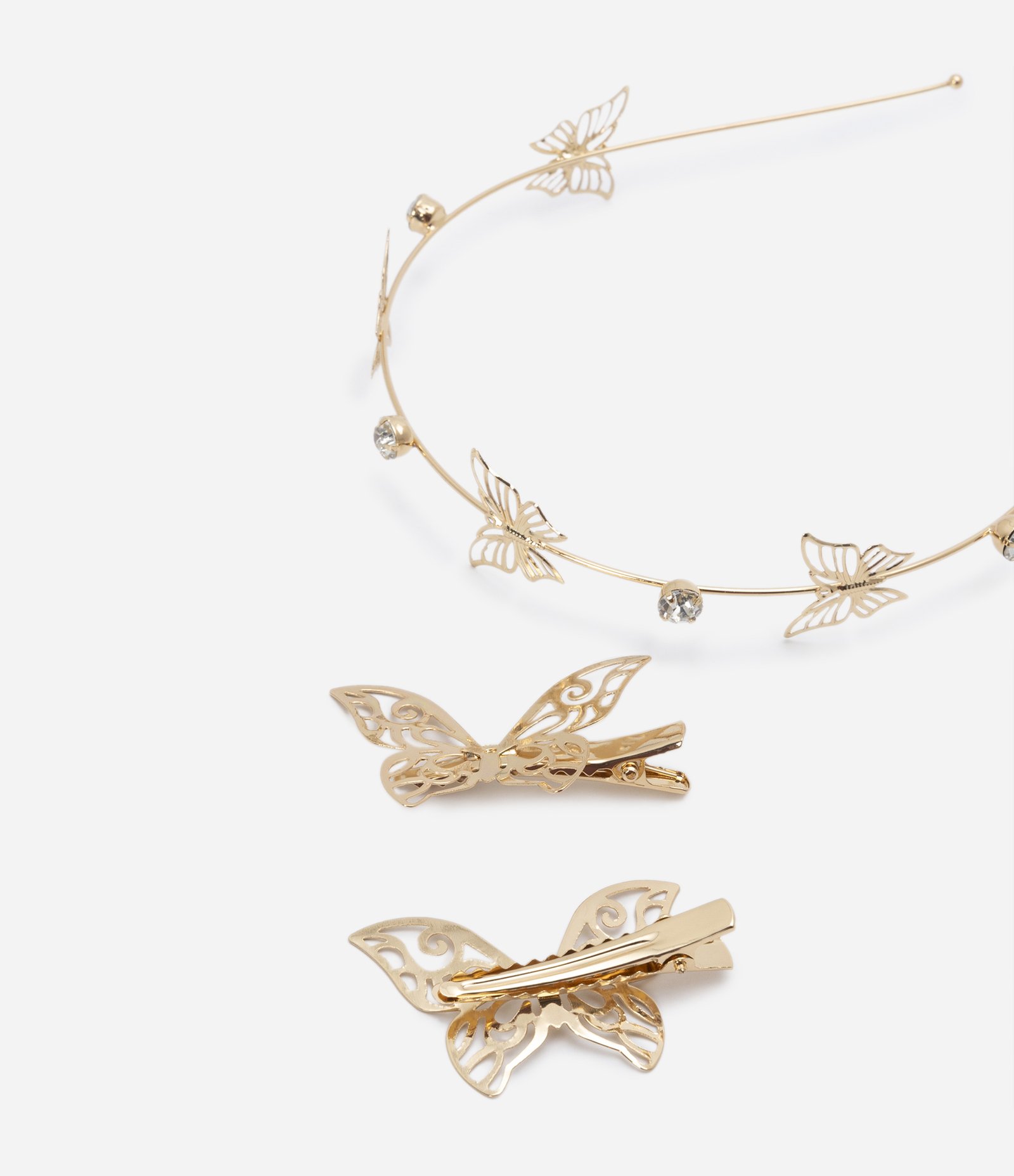 Kit com Tiara e Presilhas em Metal com Formato de Borboletas Dourado 4