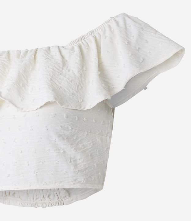 Blusa Cropped Maquinetada com Decote Ombro a Ombro Babado e Lastex nas Costas Branco 6