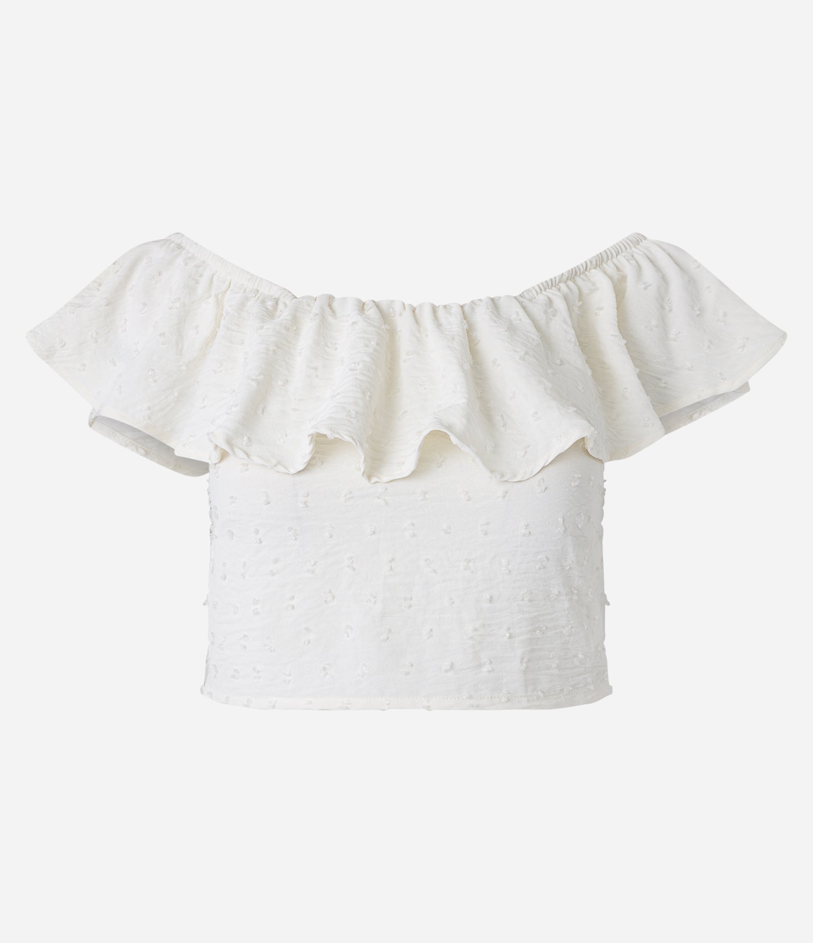 Blusa Cropped Maquinetada com Decote Ombro a Ombro Babado e Lastex nas Costas Branco 5