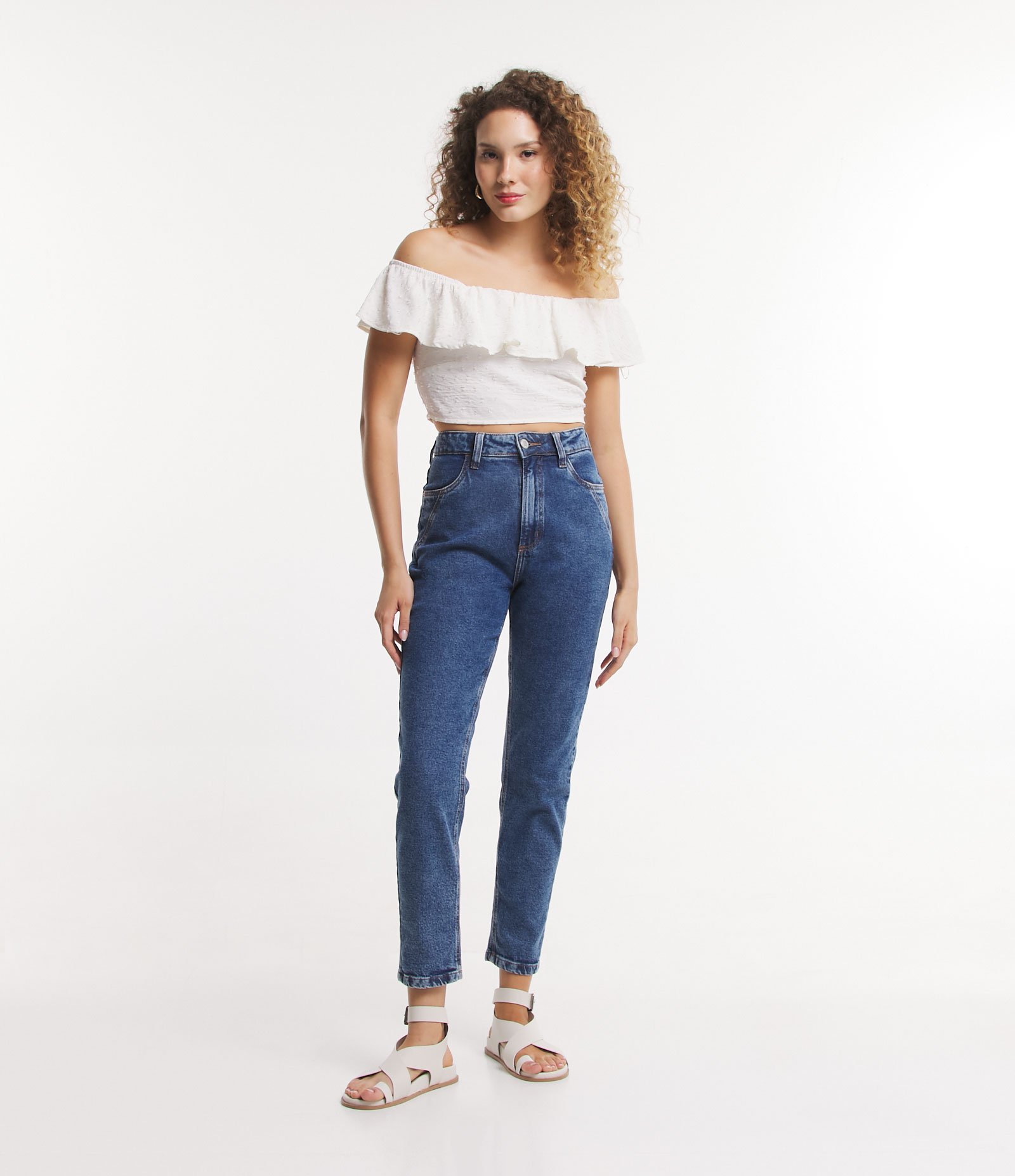 Blusa Cropped Maquinetada com Decote Ombro a Ombro Babado e Lastex nas Costas Branco 2