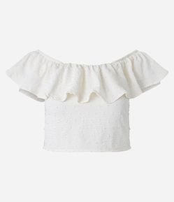 Blusa Cropped Maquinetada com Decote Ombro a Ombro Babado e Lastex nas Costas