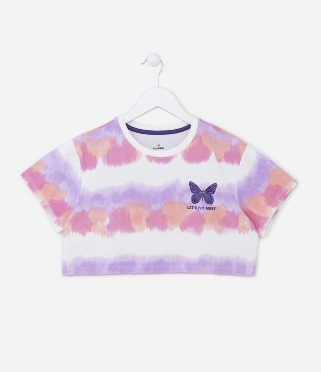 Camiseta Cropped Infantil Tie Dye com Borboleta Emborrachada - Tam 5 a 14 anos Rosa 1