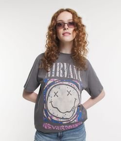 Camiseta Alongada em Meia Malha com Estampa Nirvana