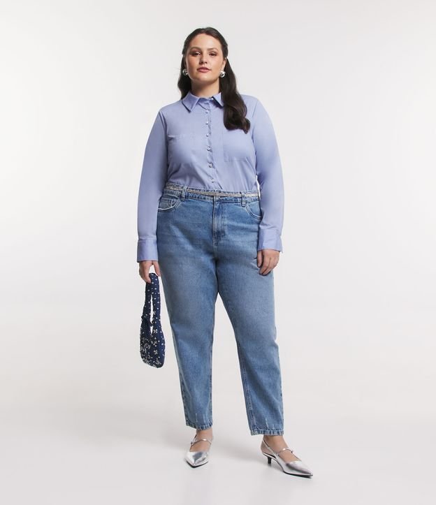 Camisa em Tricoline com Bolsos e Botões com Strass Curve & Plus Size Azul 2