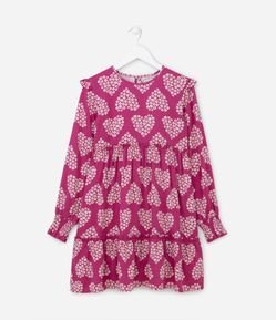 Vestido Infantil com Ombreiras e Estampa de Corações Florais - Tam 5 a 14 Anos
