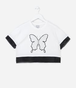 Blusa Cropped Infantil com Estampa de Borboleta e Detalhes de Telinha - Tam 5 a 14 Anos