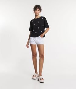 Short Hot Pants Cintura Alta em Sarja com Barra Dobrada