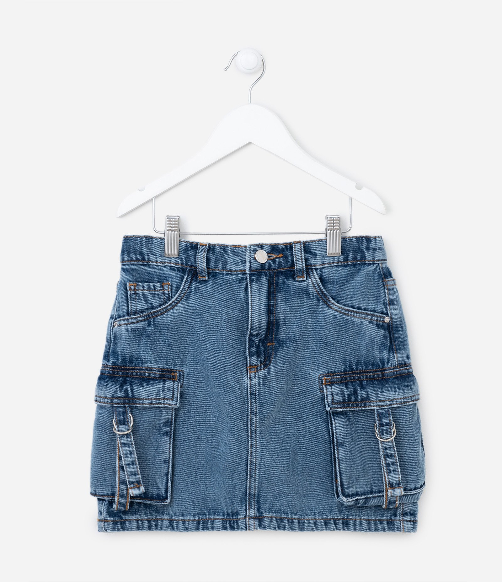 Saia Infantil Jeans com Bolsos Cargo e Fivelinhas - Tam 5 a 14 Anos Azul 1