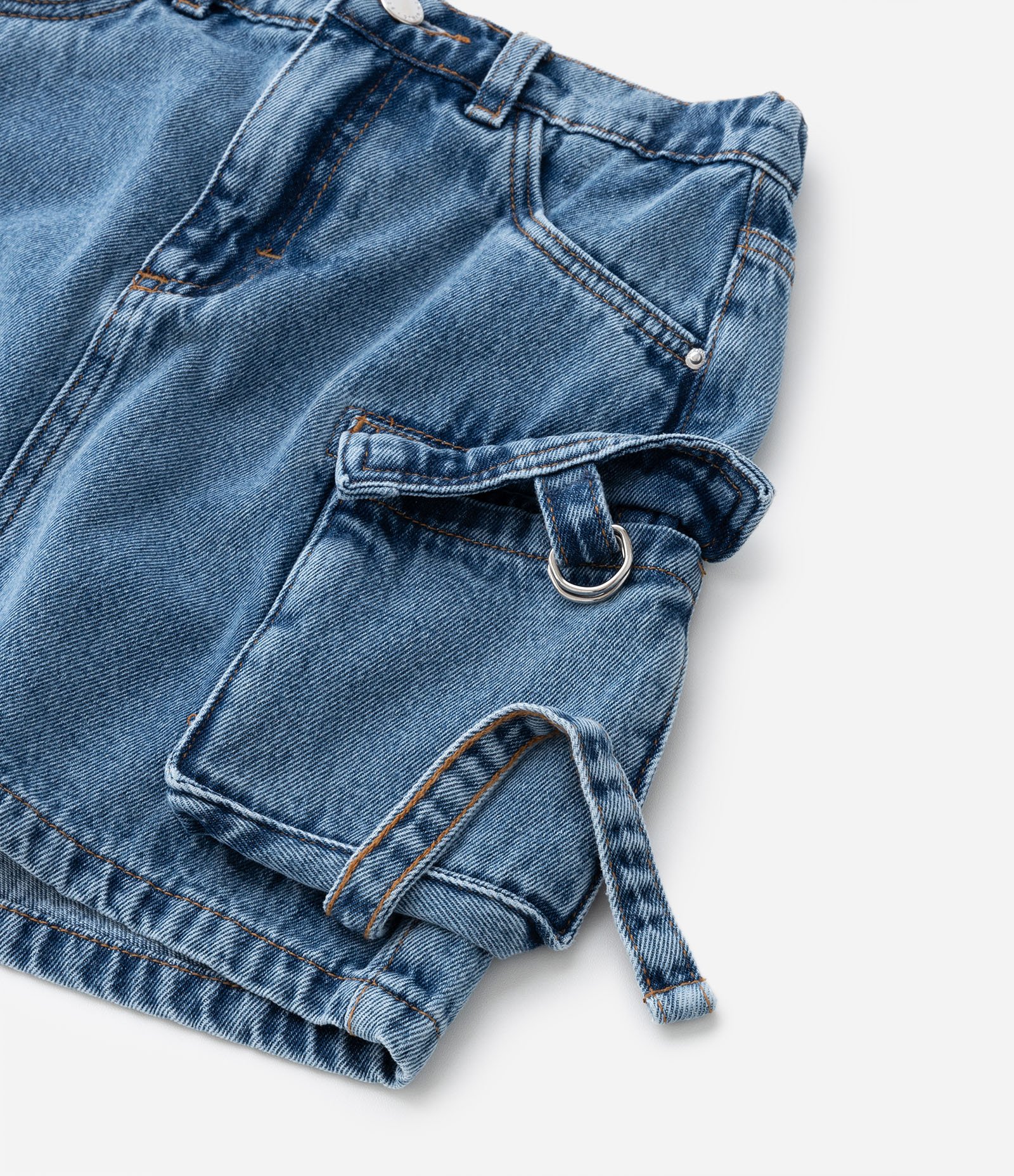 Saia Infantil Jeans com Bolsos Cargo e Fivelinhas - Tam 5 a 14 Anos Azul 4