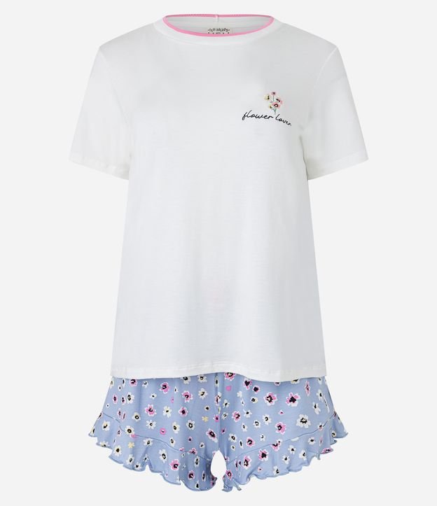 Pijama Curto em Viscolycra com Babadinho e Estampa Floral Branco/ Azul 5