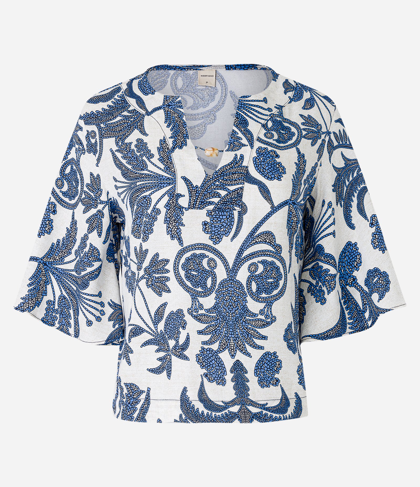Blusa em Viscose com Manga Evasê e Estampa de Folhagens Branco/Azul 6