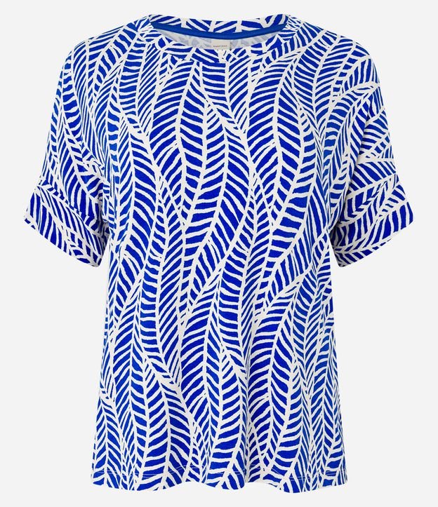 Camiseta Manga Curta em Viscose com Folhagens Estampadas Azul 6