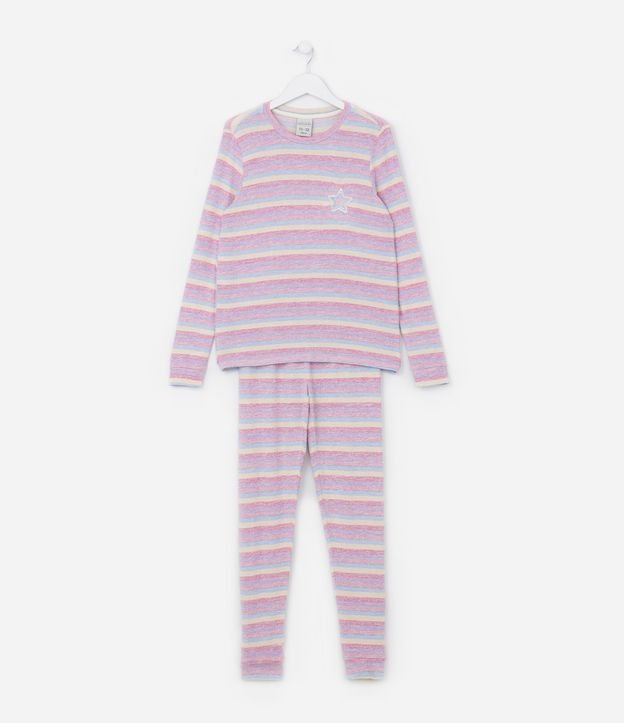 Pijama Infantil Longo em Tricô com Bordado de Estrela - Tam 5 a 14 anos
