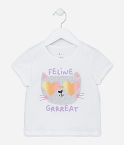Camiseta Infantil com Estampa de Gatinha com Glitter - Tam 1 a 5 anos