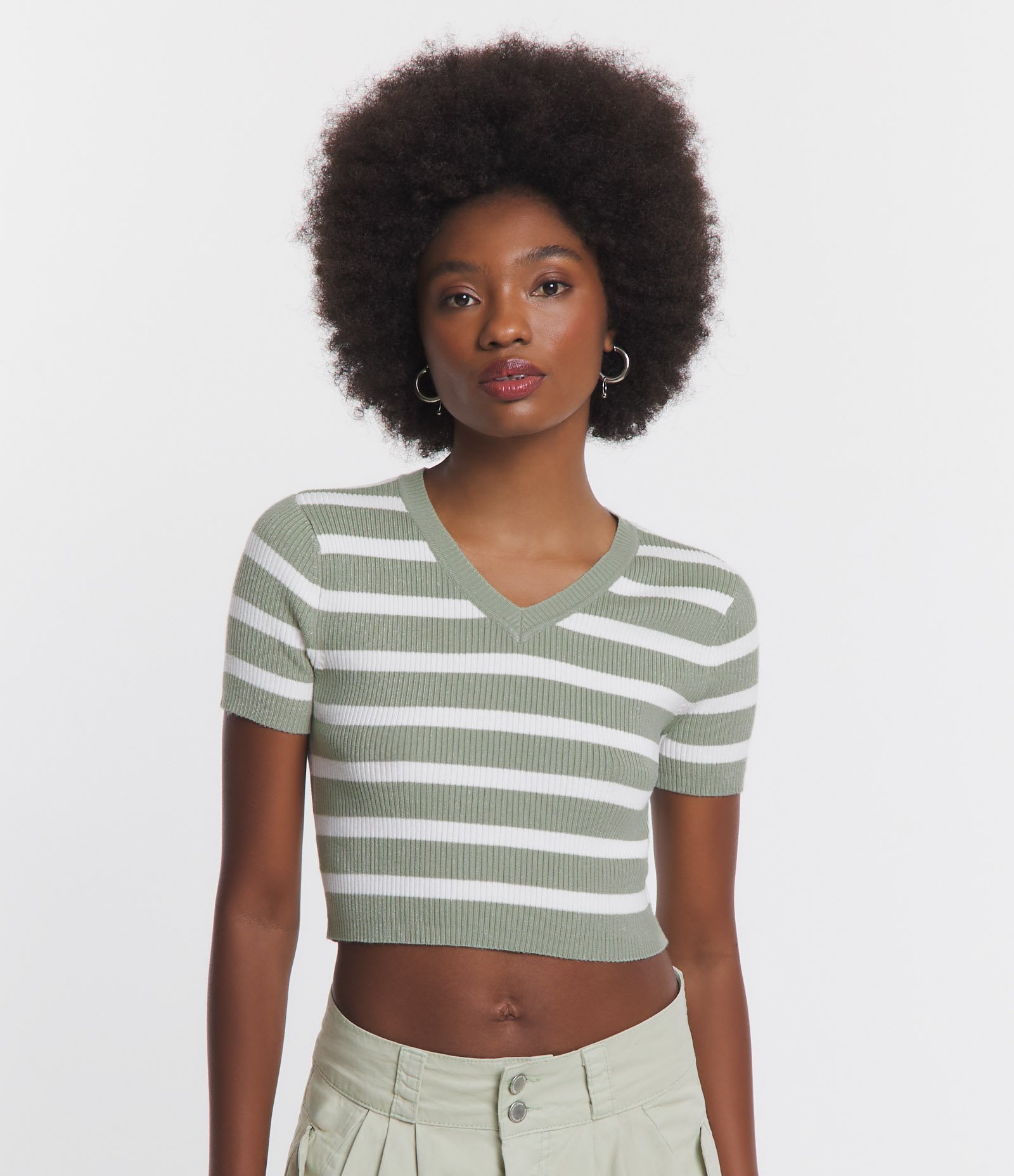 Blusa Cropped em Tricô Listradinho Verde 1