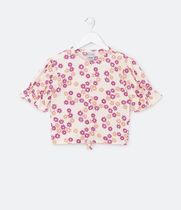 Blusa Cropped Infantil com Estampa Floral e Manga Bufante - Tam 5 a 14 Anos - Cor: Bege - Tamanho: 13-14