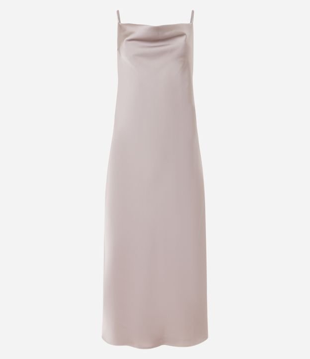 Vestido Slip Dress Midi de Alça em Tecido Acetinado Bege