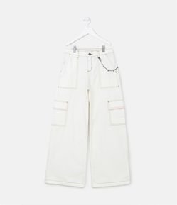 Calça Pantalona Infantil em Sarja com Bolsos Cargo e Corrente - Tam 5 a 14 Anos