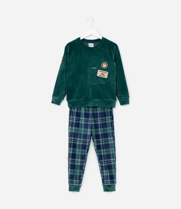Pijama Longo Infantil em Plush com Patch - Tam 3 a 10 anos Verde 1