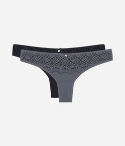 Kit 02 Calcinhas Biquíni Fio Duplo em Poliamida com Textura Rendada Frontal