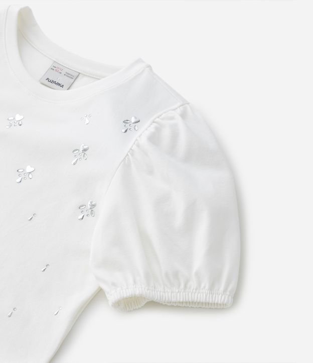 Blusa Cropped Infantil com Mangas Bufantes e Aplicações de Cristais - Tam 5 a 14 anos Off White 4