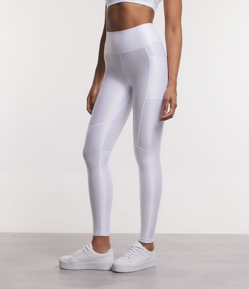 Calça Legging Esportiva com Textura Canelada e Recortes Branco