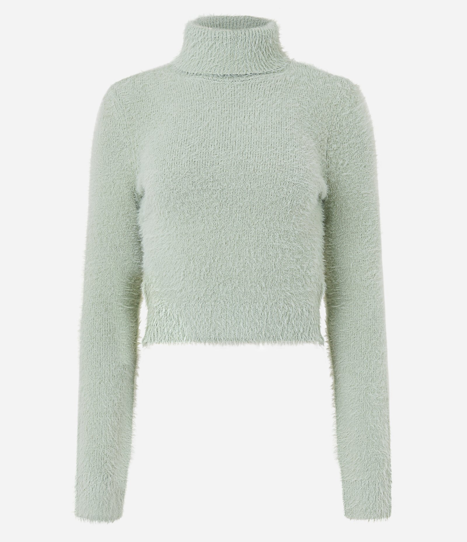Suéter Cropped em Tricô com Pelinhos e Gola Alta Verde 6