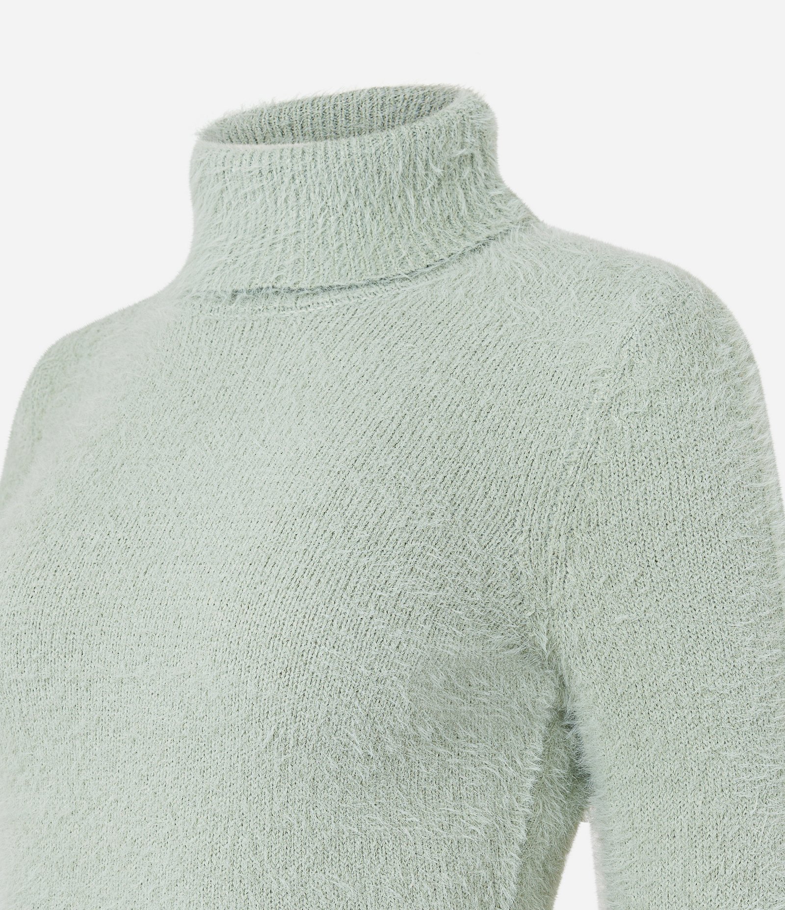 Suéter Cropped em Tricô com Pelinhos e Gola Alta Verde 7