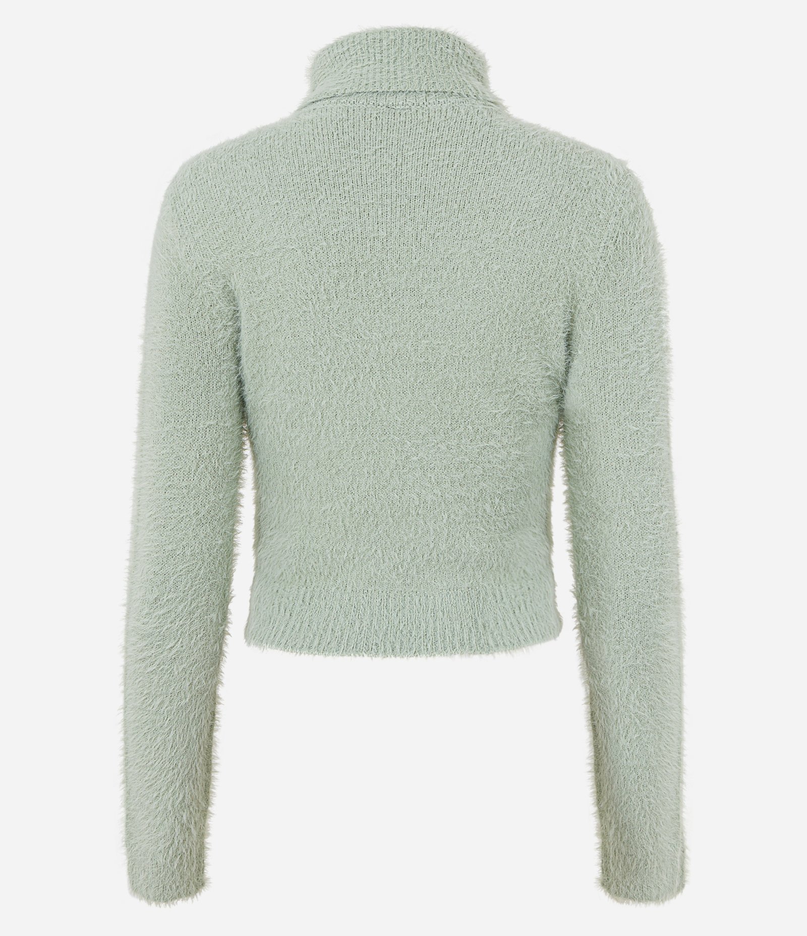 Suéter Cropped em Tricô com Pelinhos e Gola Alta Verde 8