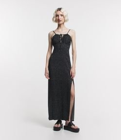 Vestido Longo de Alça em Viscose com Poás Estampados