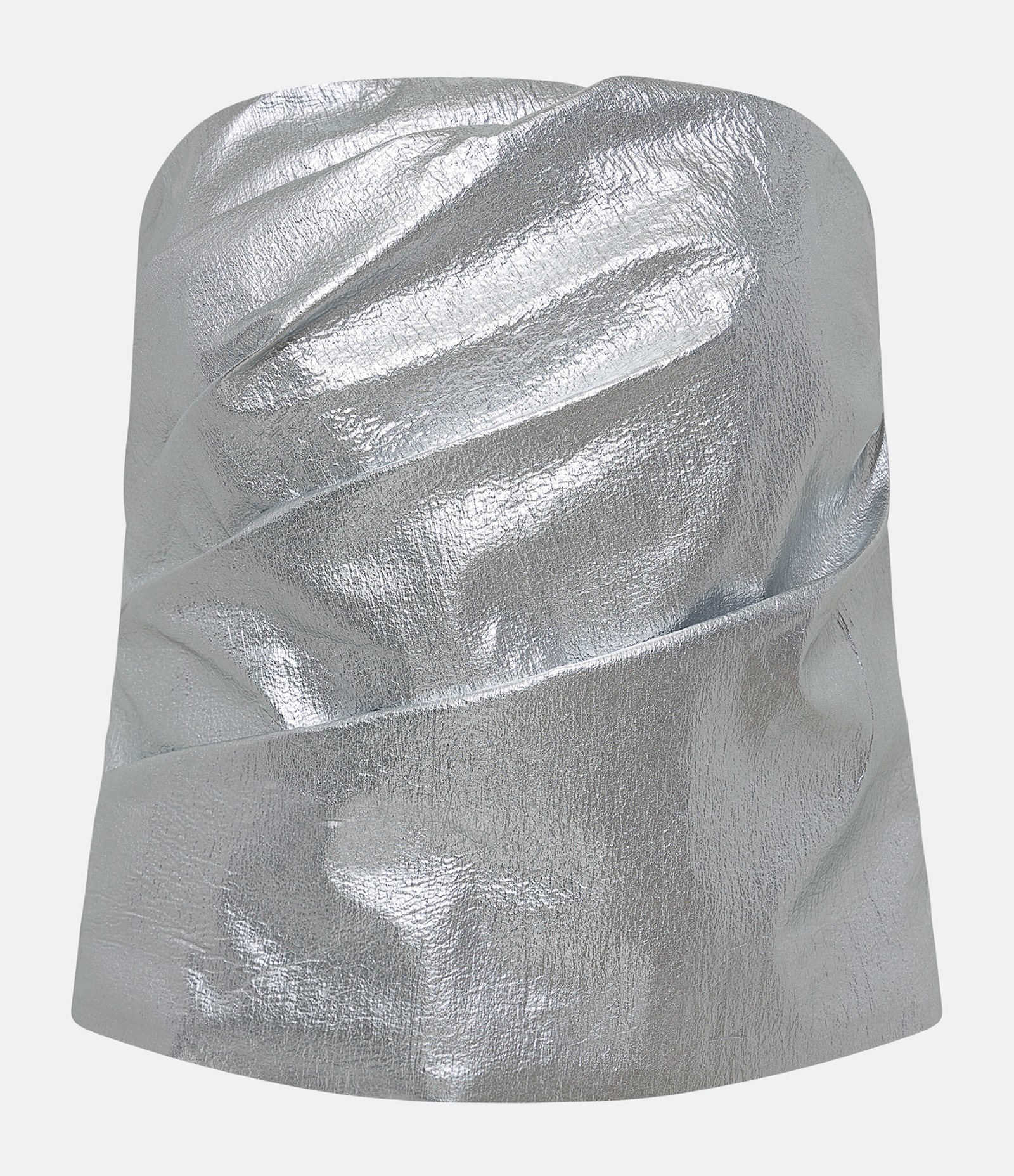 Blusa Tomara que Caia Alfaiatada em Tecido Metalizado com Detalhe Drapeado Prateado 1