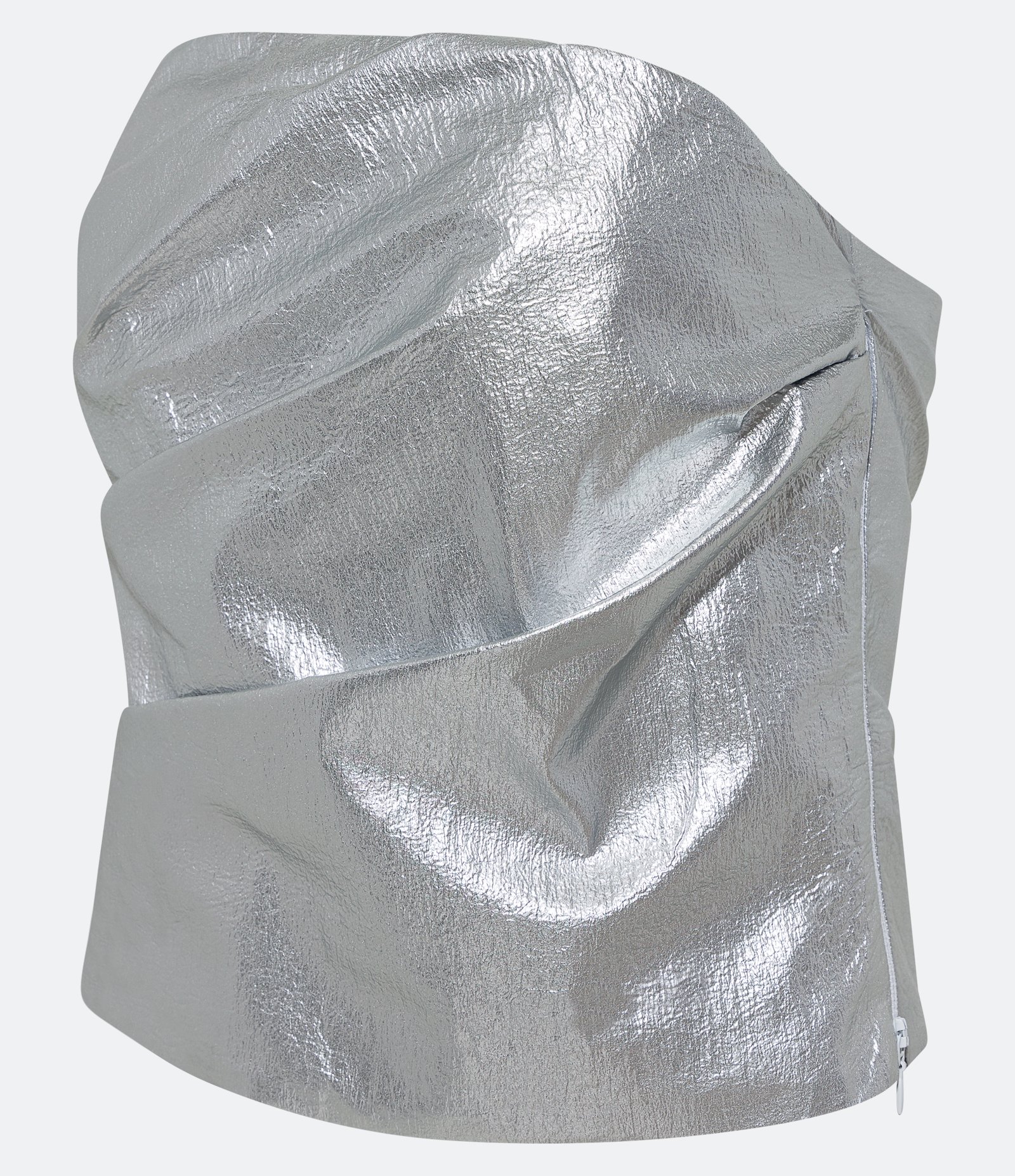 Blusa Tomara que Caia Alfaiatada em Tecido Metalizado com Detalhe Drapeado Prateado 2