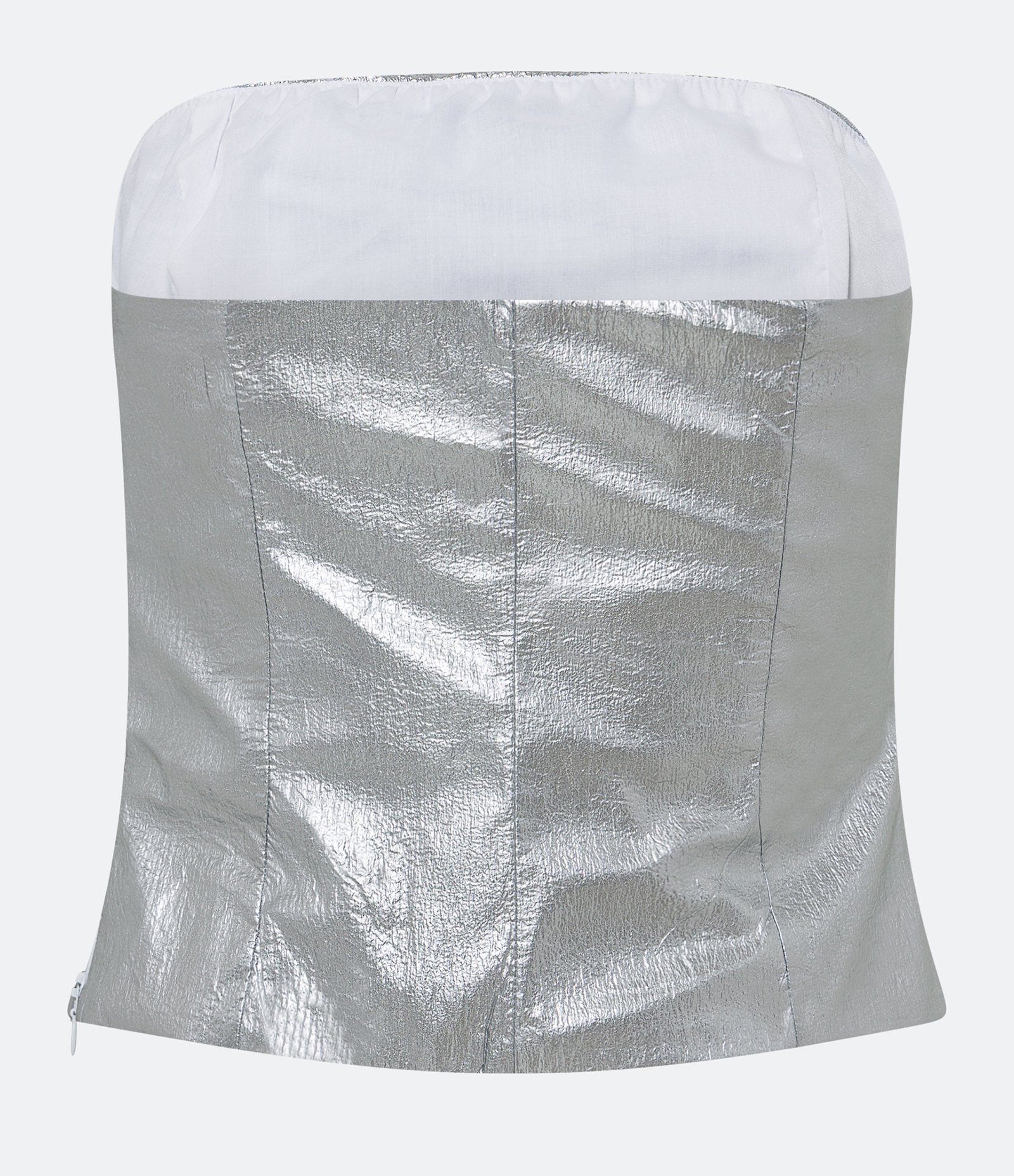 Blusa Tomara que Caia Alfaiatada em Tecido Metalizado com Detalhe Drapeado Prateado 3