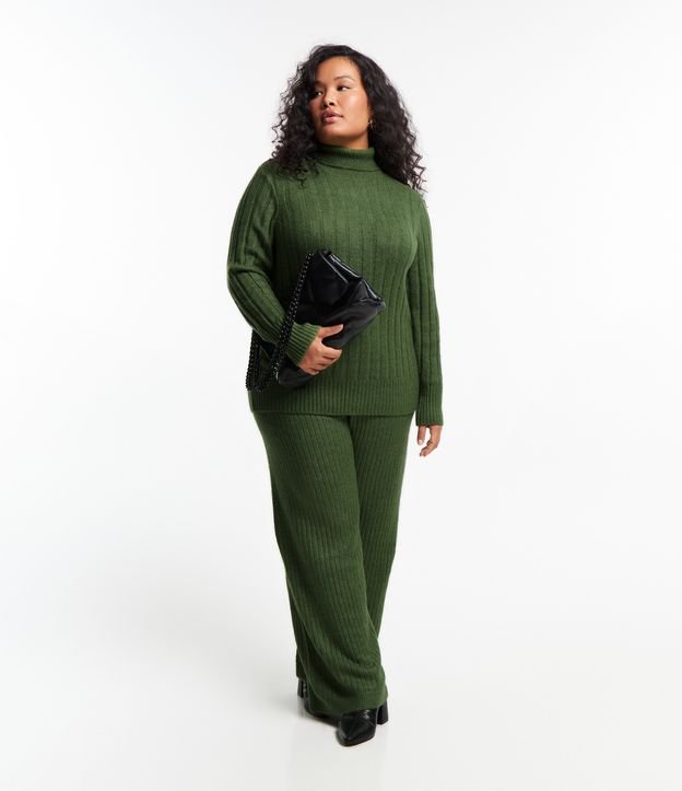 Calça Pantalona em Tricô Texturizado de Listras Curve & Plus Size Verde Escuro 1